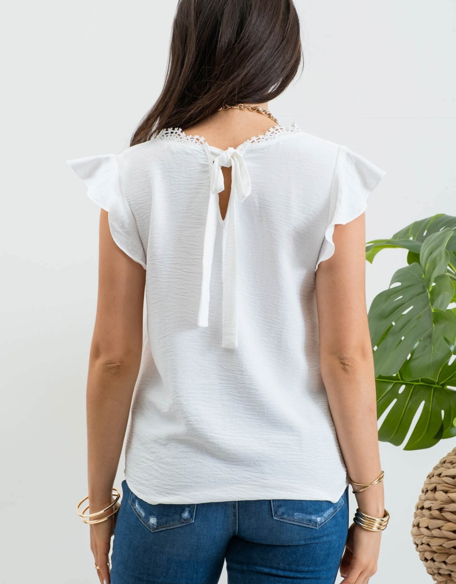 Miss Bliss M&E V Neck Lace Trim Back Tie Blouse-Off White
