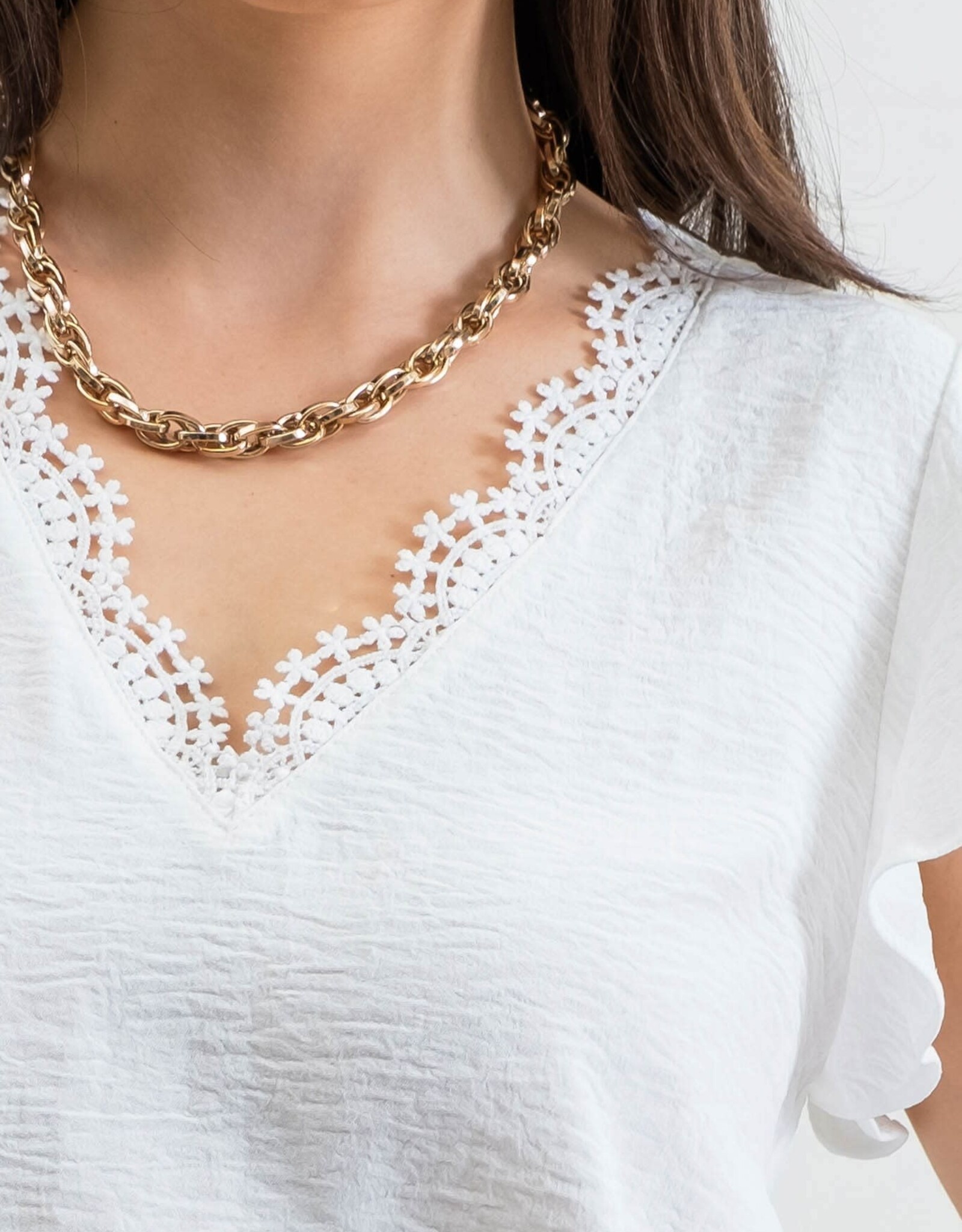 Miss Bliss M&E V Neck Lace Trim Back Tie Blouse-Off White