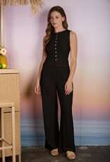 Miss Bliss M&E Textured Mock Button Slvls Knit Top-Black