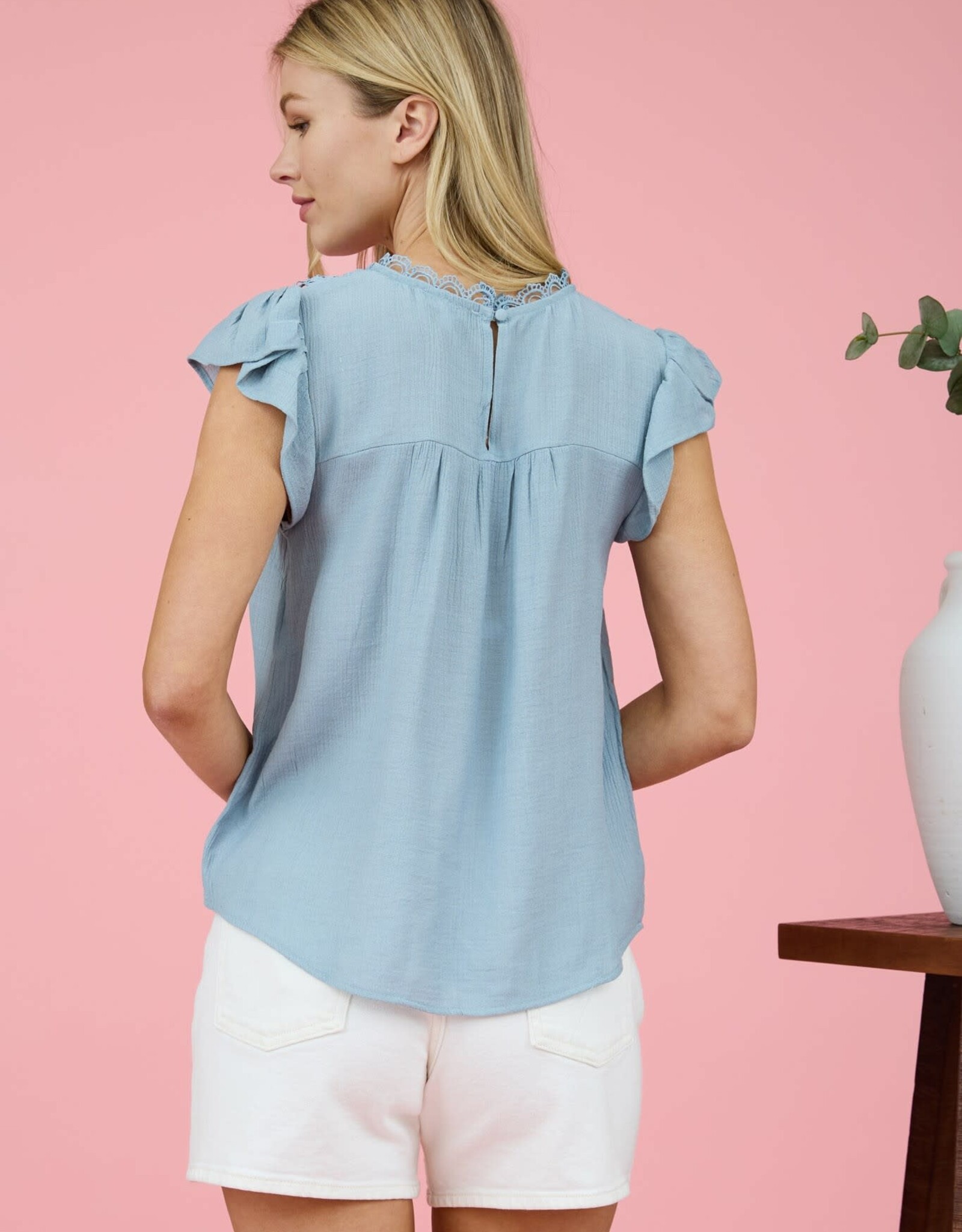Miss Bliss M&E Lace Panel Short Ruffle Sleeve Blouse-Light Teal