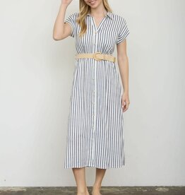 Miss Bliss Coastal Stripe Belt Shirt Dress-Navy