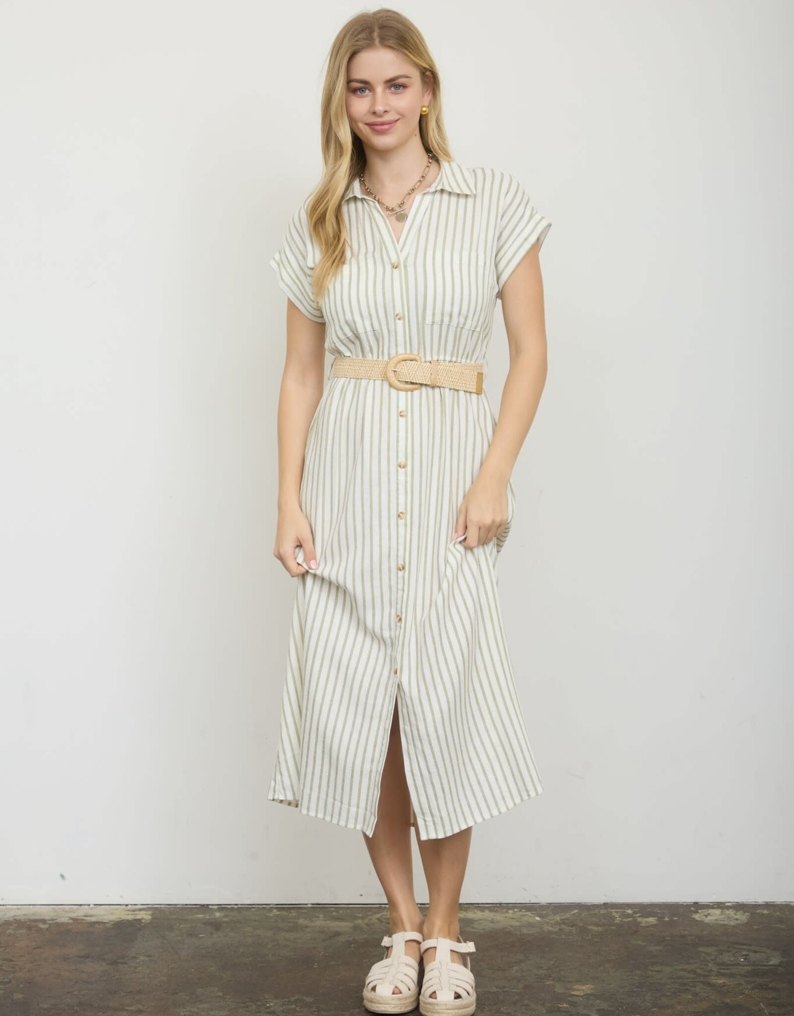Miss Bliss M&E Stripe SS Belt Shirt Dress-Navy