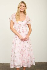 Miss Bliss M&E Floral Flounce Slv Shirred Midi Dress-Pink