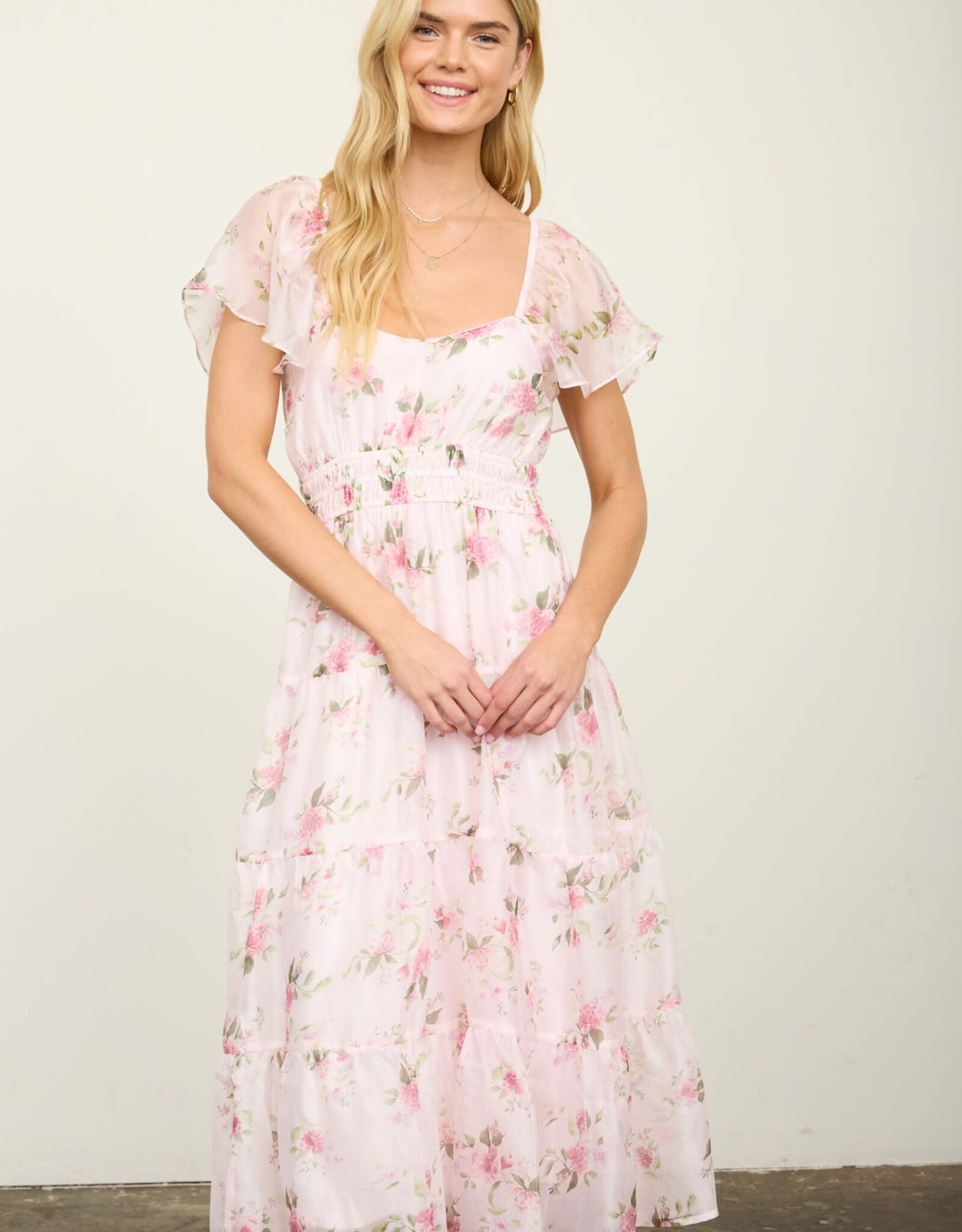 Miss Bliss M&E Floral Flounce Slv Shirred Midi Dress-Pink