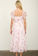 Miss Bliss M&E Floral Flounce Slv Shirred Midi Dress-Pink