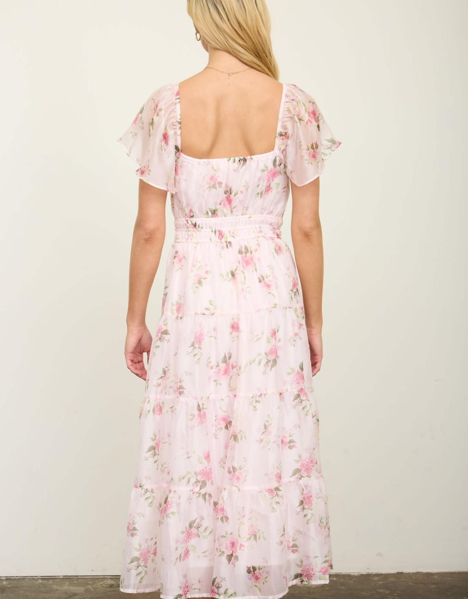 Miss Bliss M&E Floral Flounce Slv Shirred Midi Dress-Pink