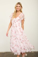 Miss Bliss M&E Floral Flounce Slv Shirred Midi Dress-Pink