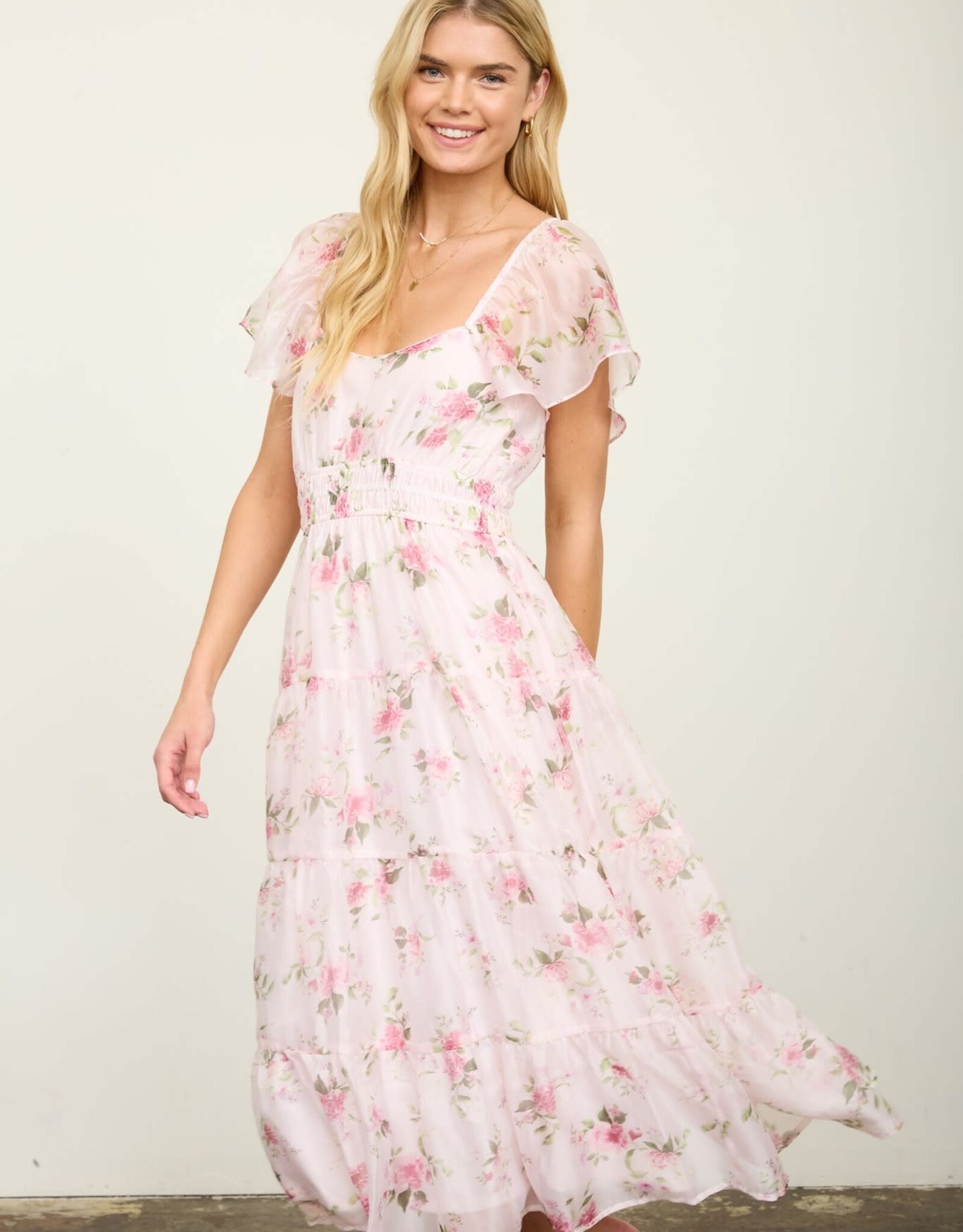 Miss Bliss M&E Floral Flounce Slv Shirred Midi Dress-Pink