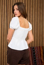 Miss Bliss M&E Front Tie Detail Puff Sleeve Smckd Top-White