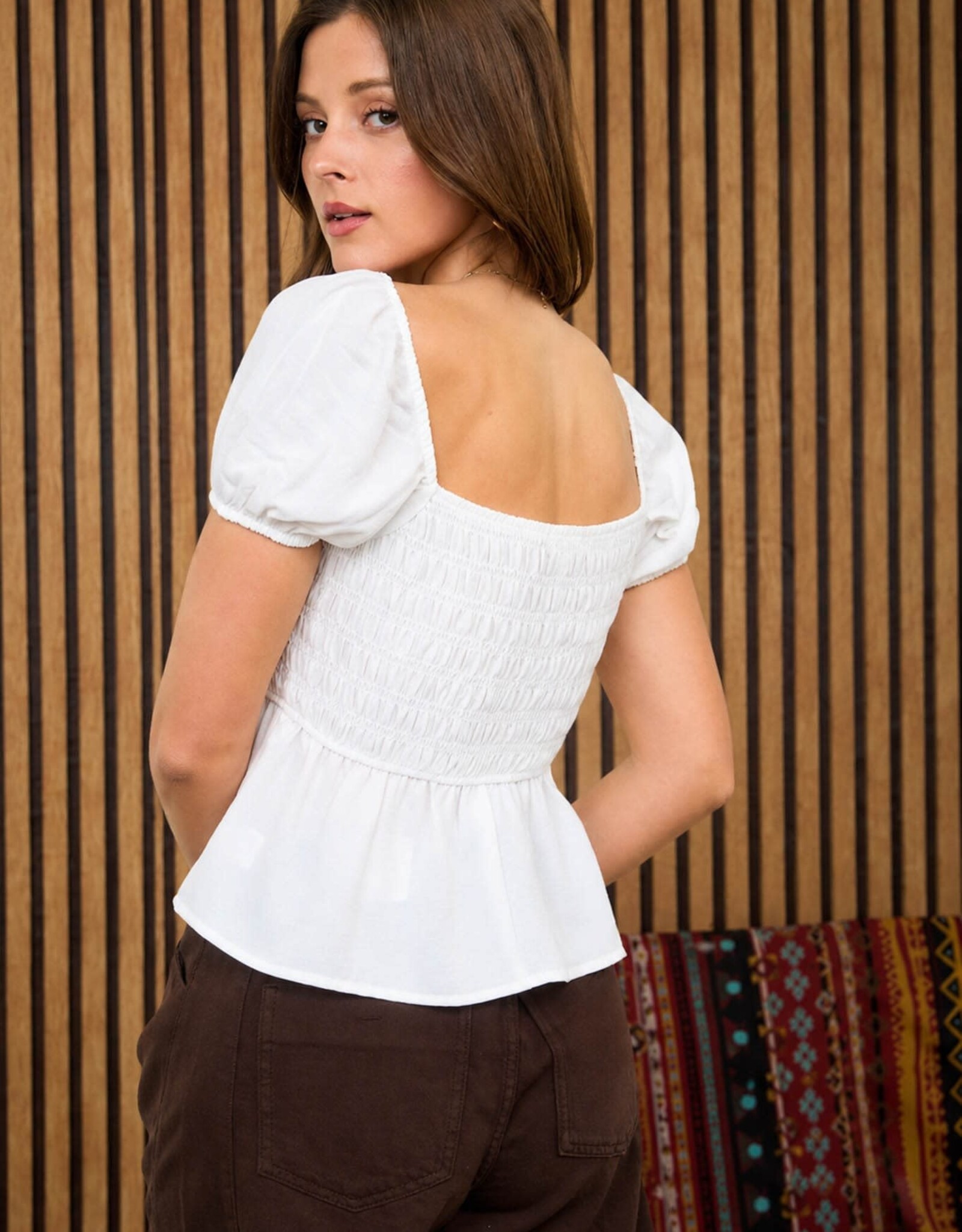Miss Bliss M&E Front Tie Detail Puff Sleeve Smckd Top-White