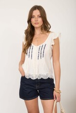 Miss Bliss M&E Embroidery Lace Trim Pintuck Btn Down Top-White
