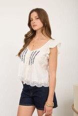 Miss Bliss M&E Embroidery Lace Trim Pintuck Btn Down Top-White