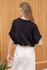Miss Bliss M&E Striped Collared Split Neck Blouse-Black