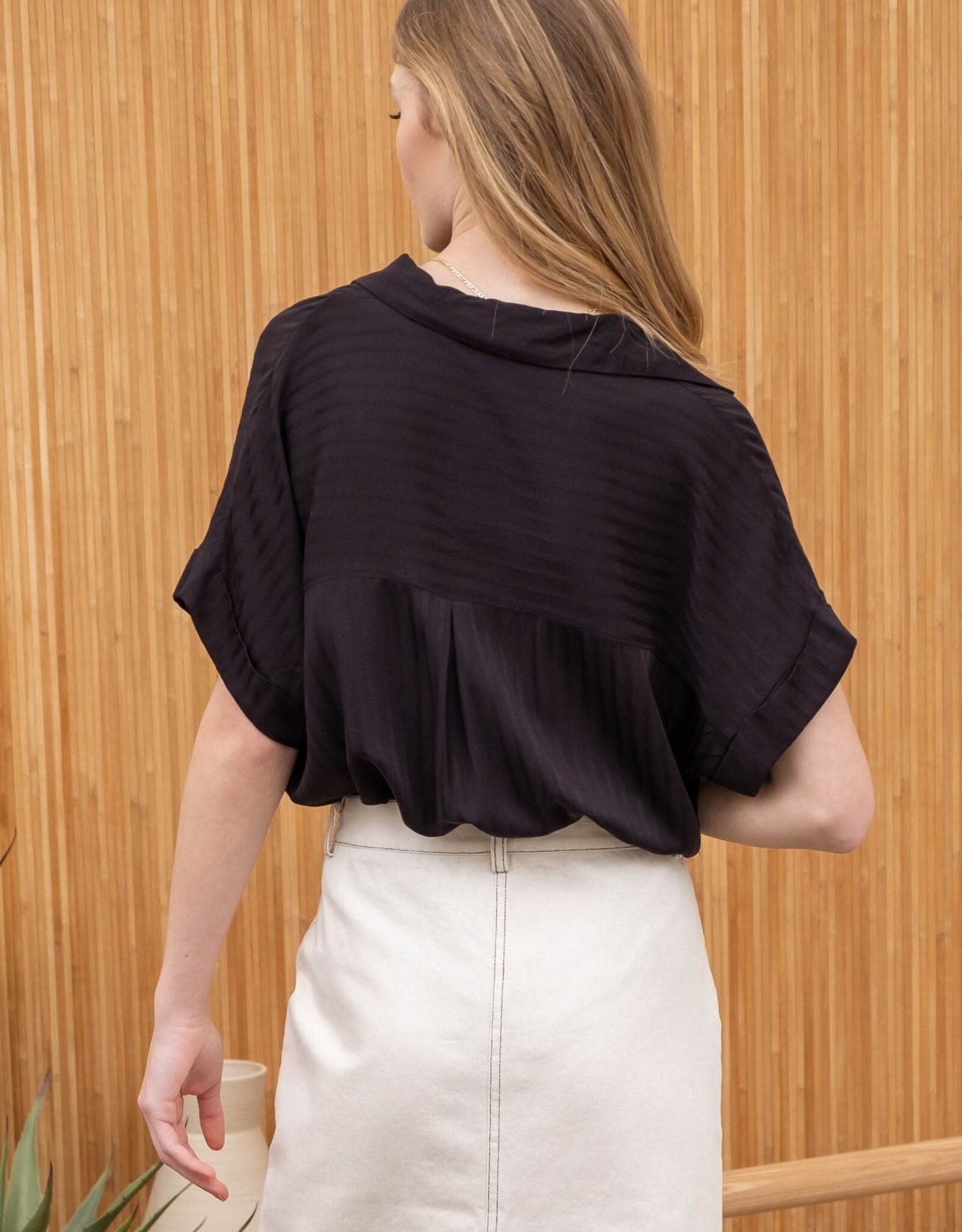 Miss Bliss M&E Striped Collared Split Neck Blouse-Black