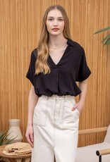 Miss Bliss M&E Striped Collared Split Neck Blouse-Black