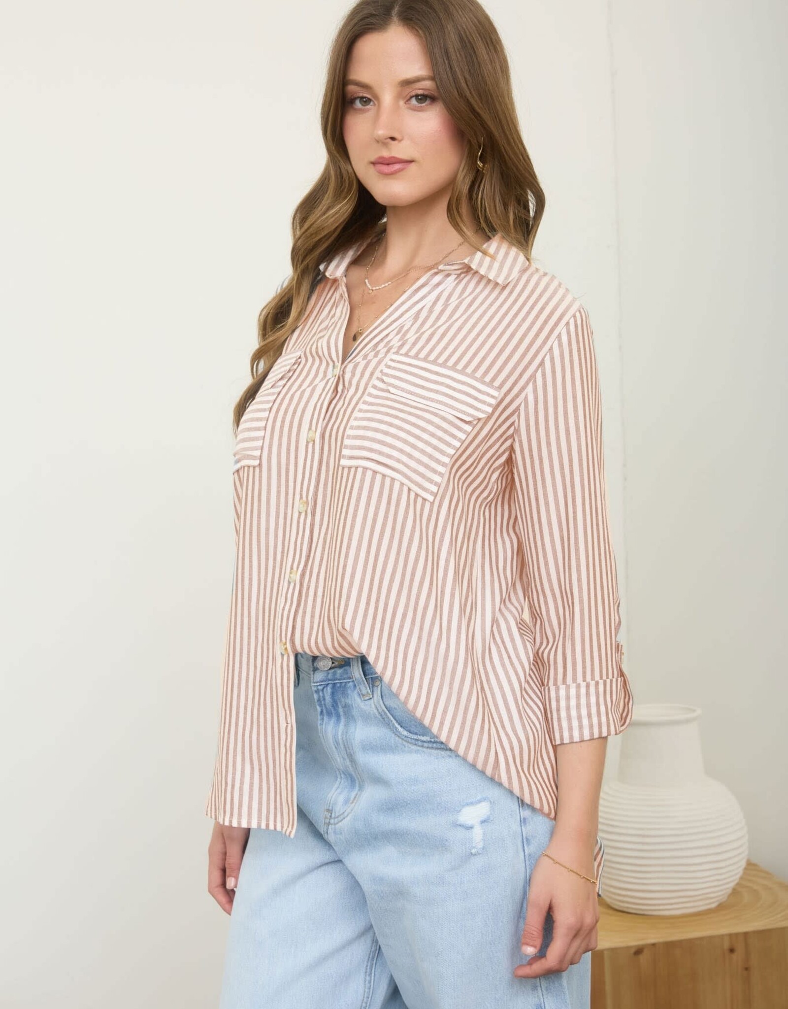 Miss Bliss M&E Stripe Collrd Button Dwn Lightwt Shirt-Peach