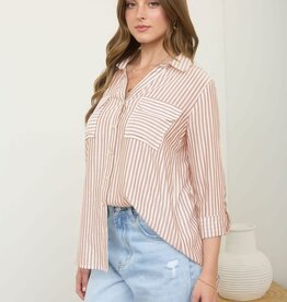 Miss Bliss Stripe Button Down Throw On Shirt-Peach