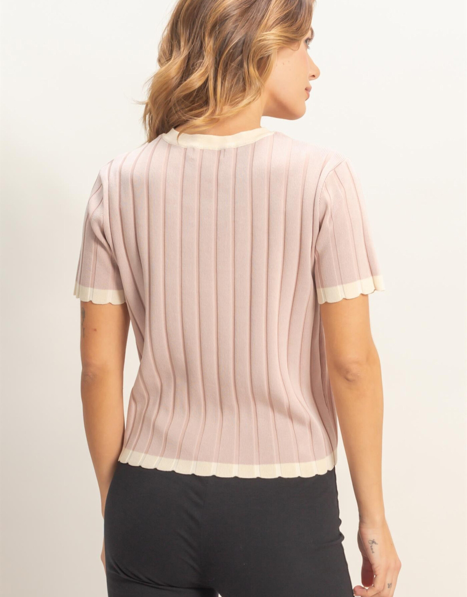 Miss Bliss HYFVE Ribbed Scalloped Knit Top-Mauve/Iv