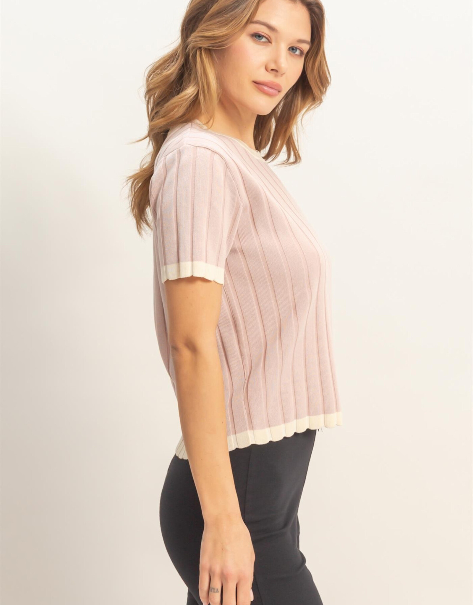 Miss Bliss HYFVE Ribbed Scalloped Knit Top-Mauve/Iv