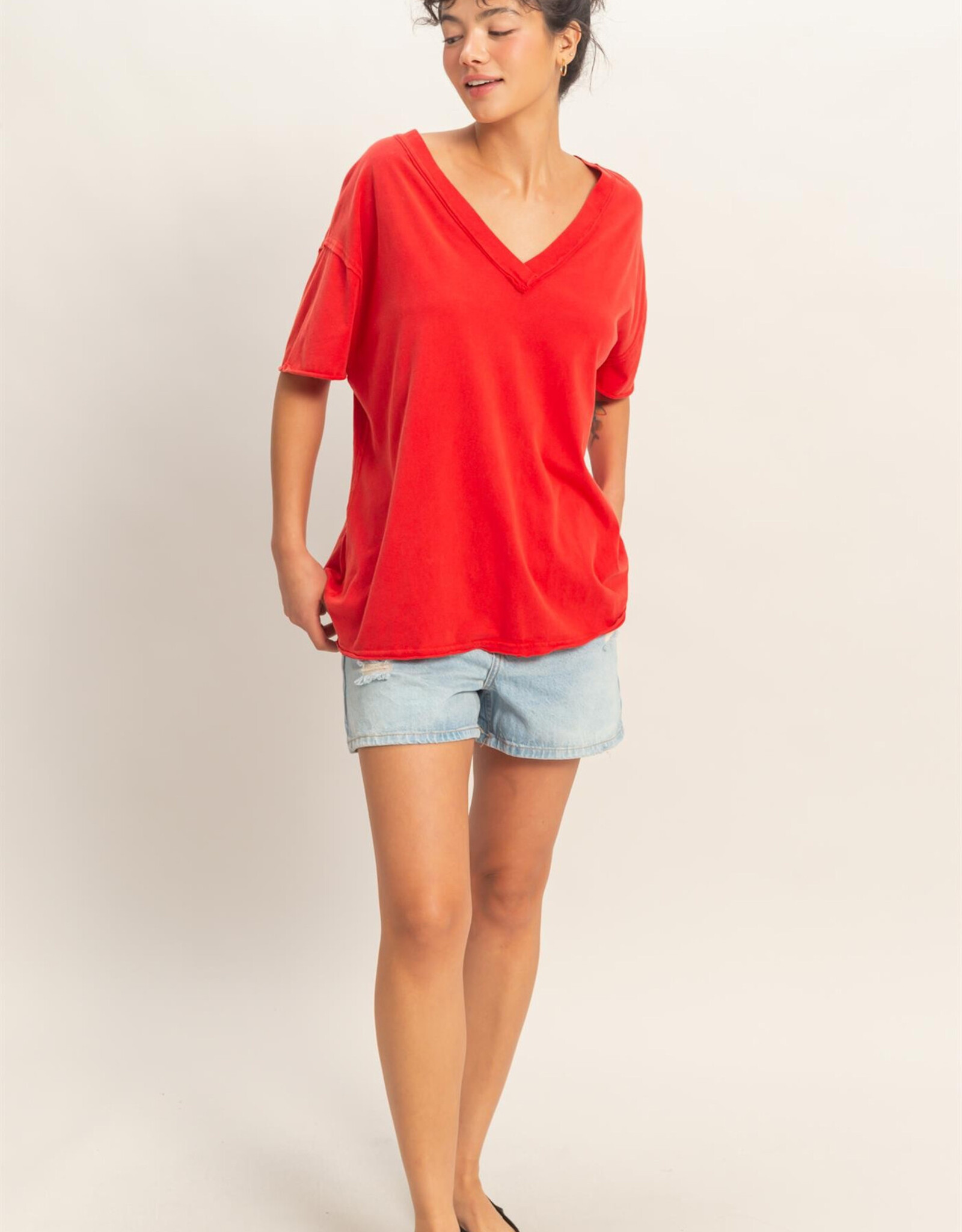 Miss Bliss HYFVE Washed V-neck Oversized Tee-Red