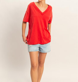 Miss Bliss Washed V-Neck Oversized Tee-Red