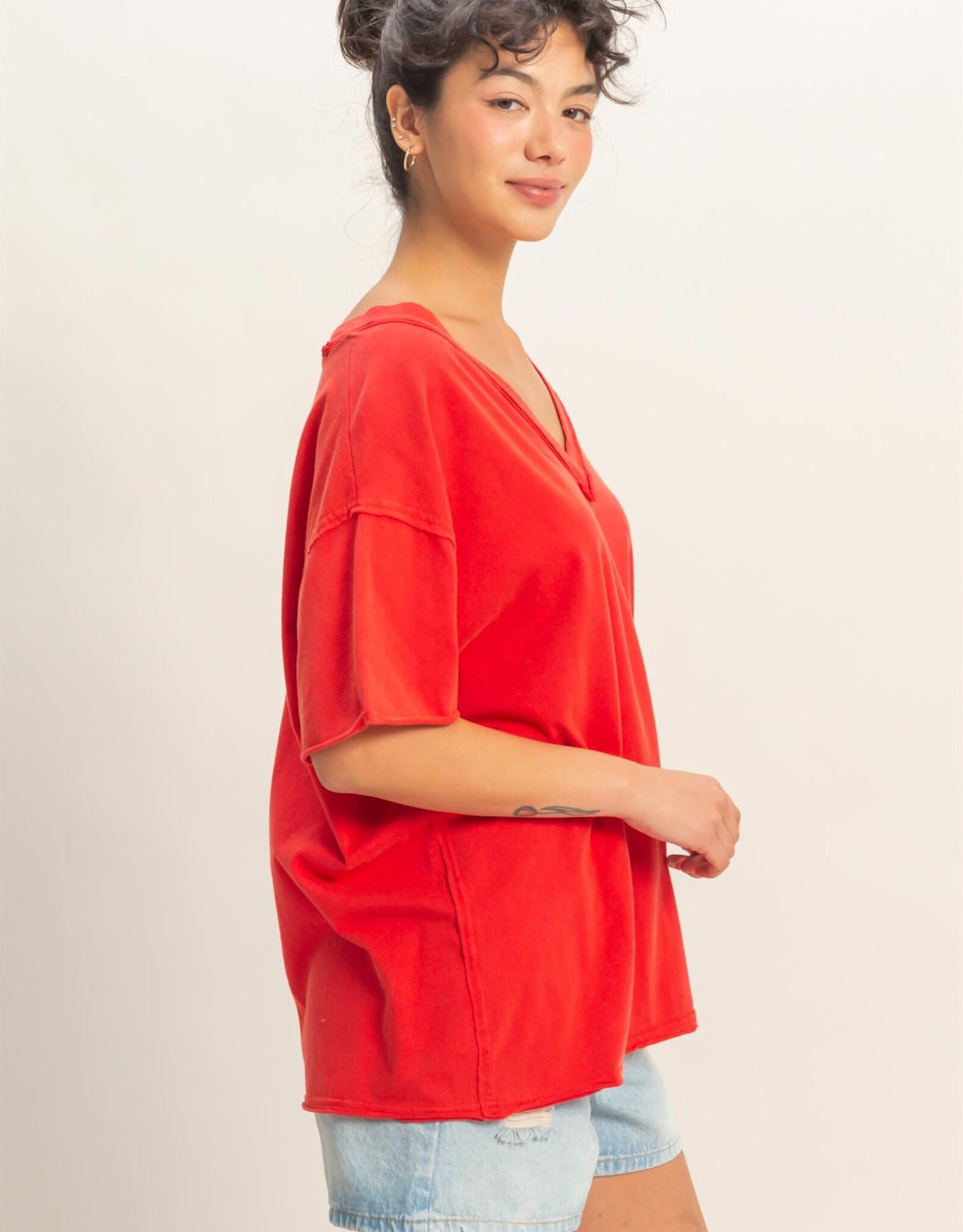 Miss Bliss HYFVE Washed V-neck Oversized Tee-Red