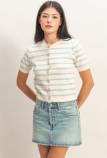 Miss Bliss HYFVE Striped Button Up Cardi Top-White/Ice Blue