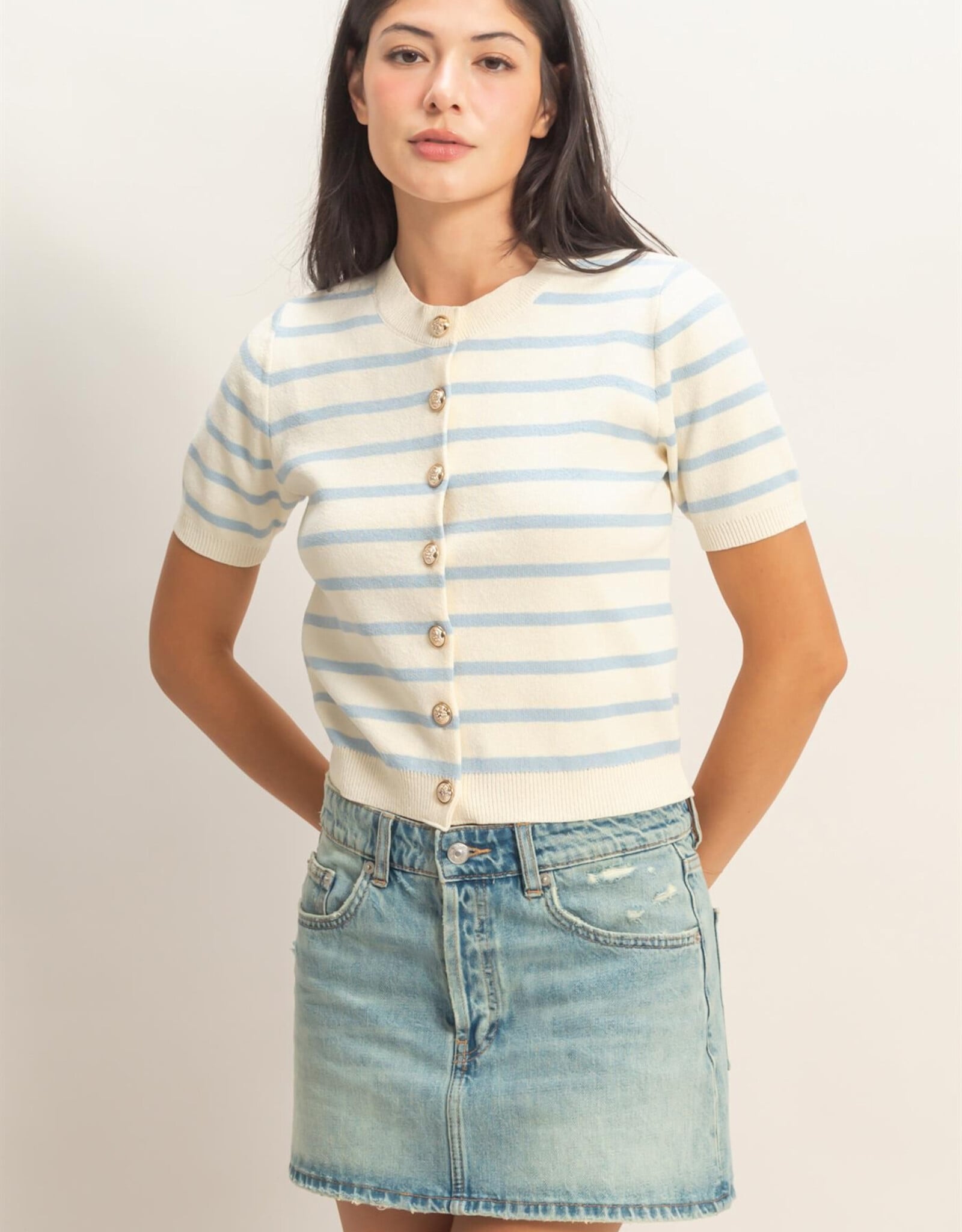 Miss Bliss HYFVE Striped Button Up Cardi Top-White/Ice Blue