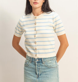 Miss Bliss Striped Button Up Top-White/Ice Blue