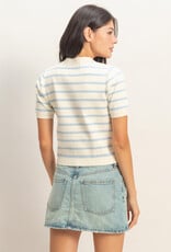 Miss Bliss HYFVE Striped Button Up Cardi Top-White/Ice Blue