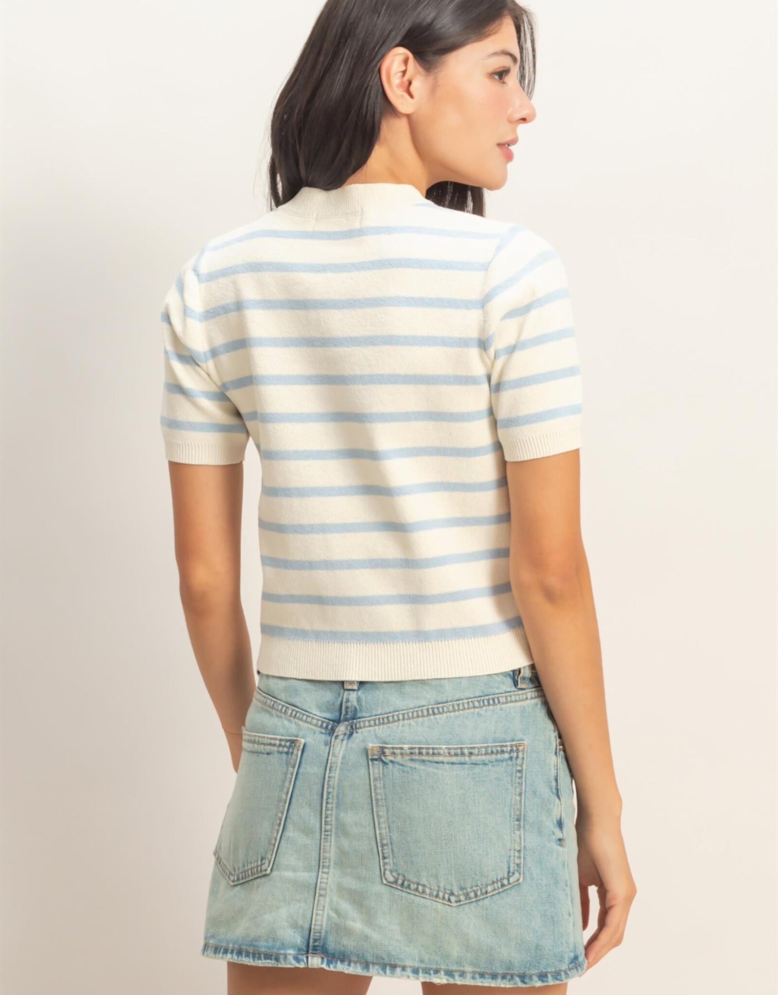 Miss Bliss HYFVE Striped Button Up Cardi Top-White/Ice Blue