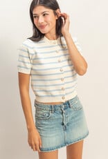 Miss Bliss HYFVE Striped Button Up Cardi Top-White/Ice Blue