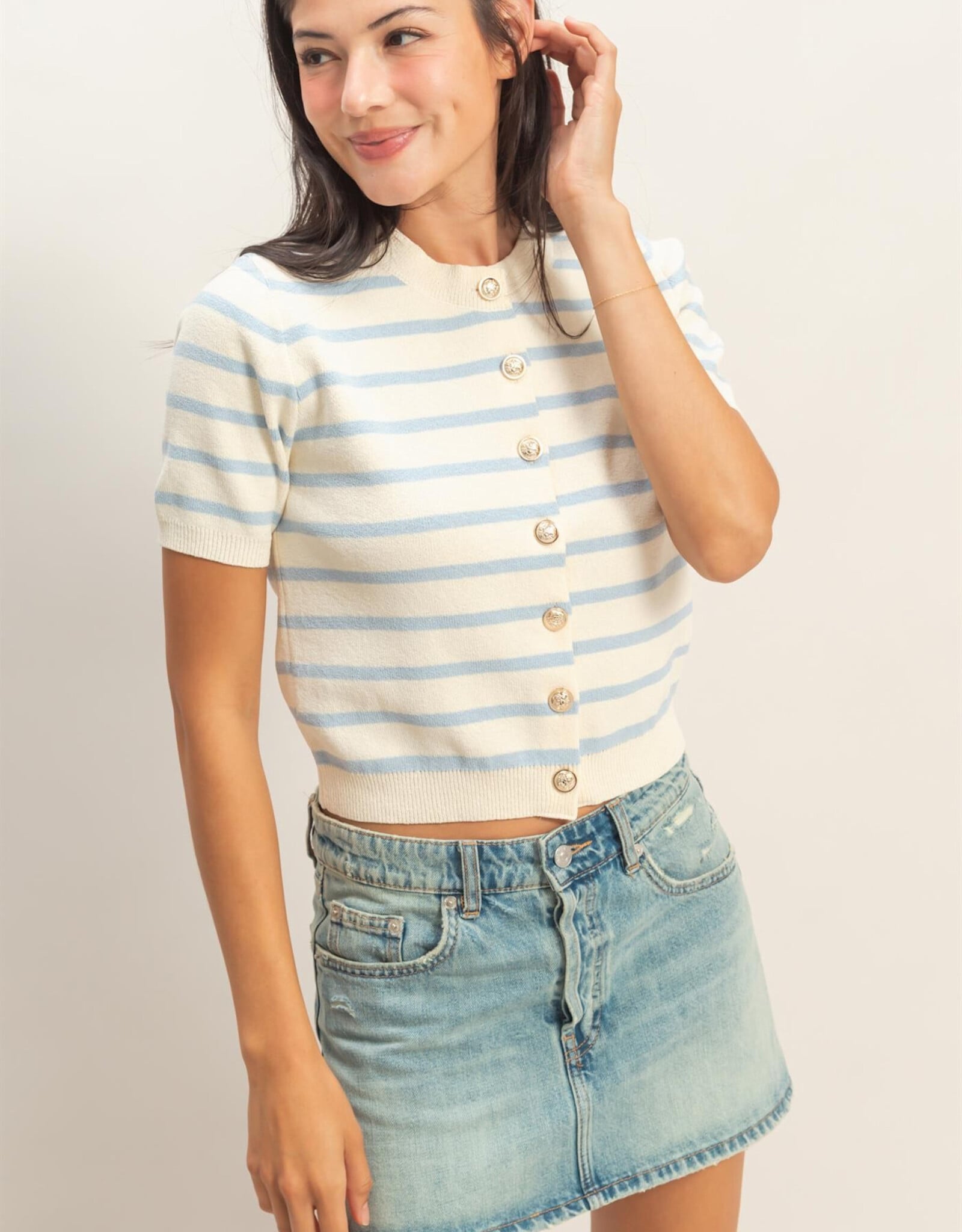 Miss Bliss HYFVE Striped Button Up Cardi Top-White/Ice Blue