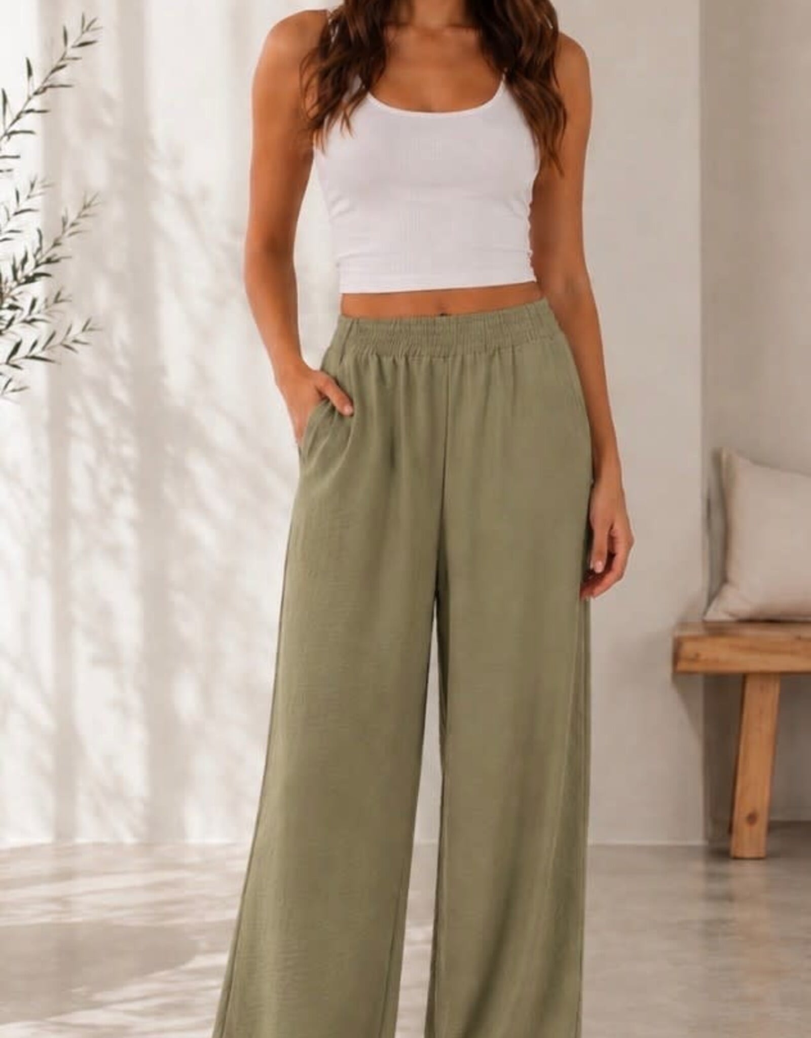 Miss Bliss CC Palazzo Elastic Waist Pant-Olive