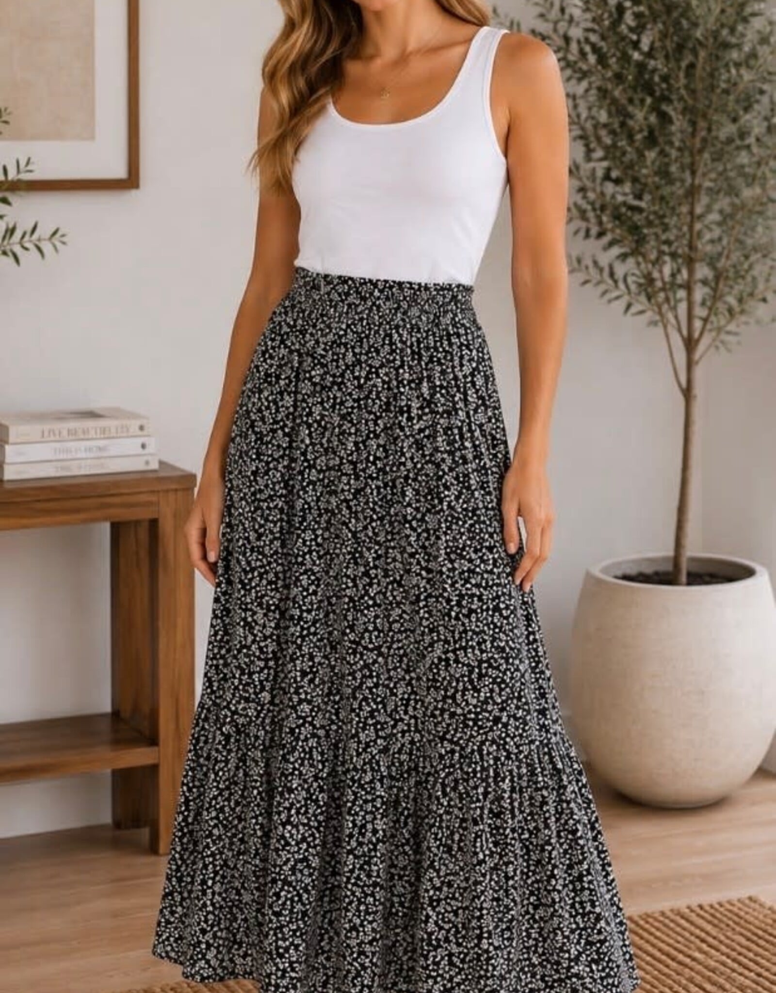 Miss Bliss CC Tiered Floral Maxi Skirt-Black/Off White