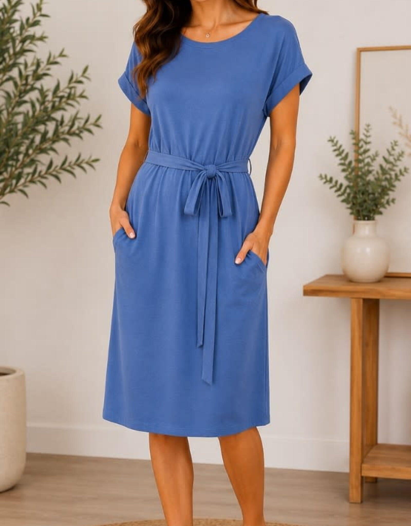 Miss Bliss CC Reserved Black Belted French Terry Dress-Denim Blue