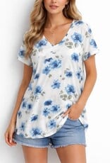 Miss Bliss CC Floral V Neck T Shirt-Ivory/Blue