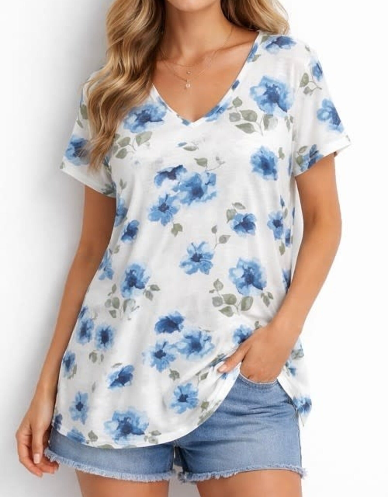 Miss Bliss CC Floral V Neck T Shirt-Ivory/Blue