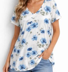 Miss Bliss Laid Back Floral T Shirt-Ivory/Blue