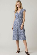 Miss Bliss Abstract Vneck Cap Slv Button-down Midi Dress-Deep Blue/Grey
