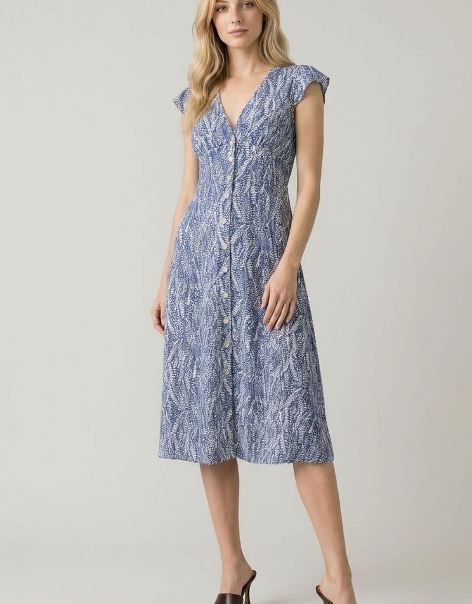Miss Bliss Abstract Vneck Cap Slv Button-down Midi Dress-Deep Blue/Grey