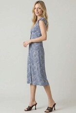 Miss Bliss Abstract Vneck Cap Slv Button-down Midi Dress-Deep Blue/Grey