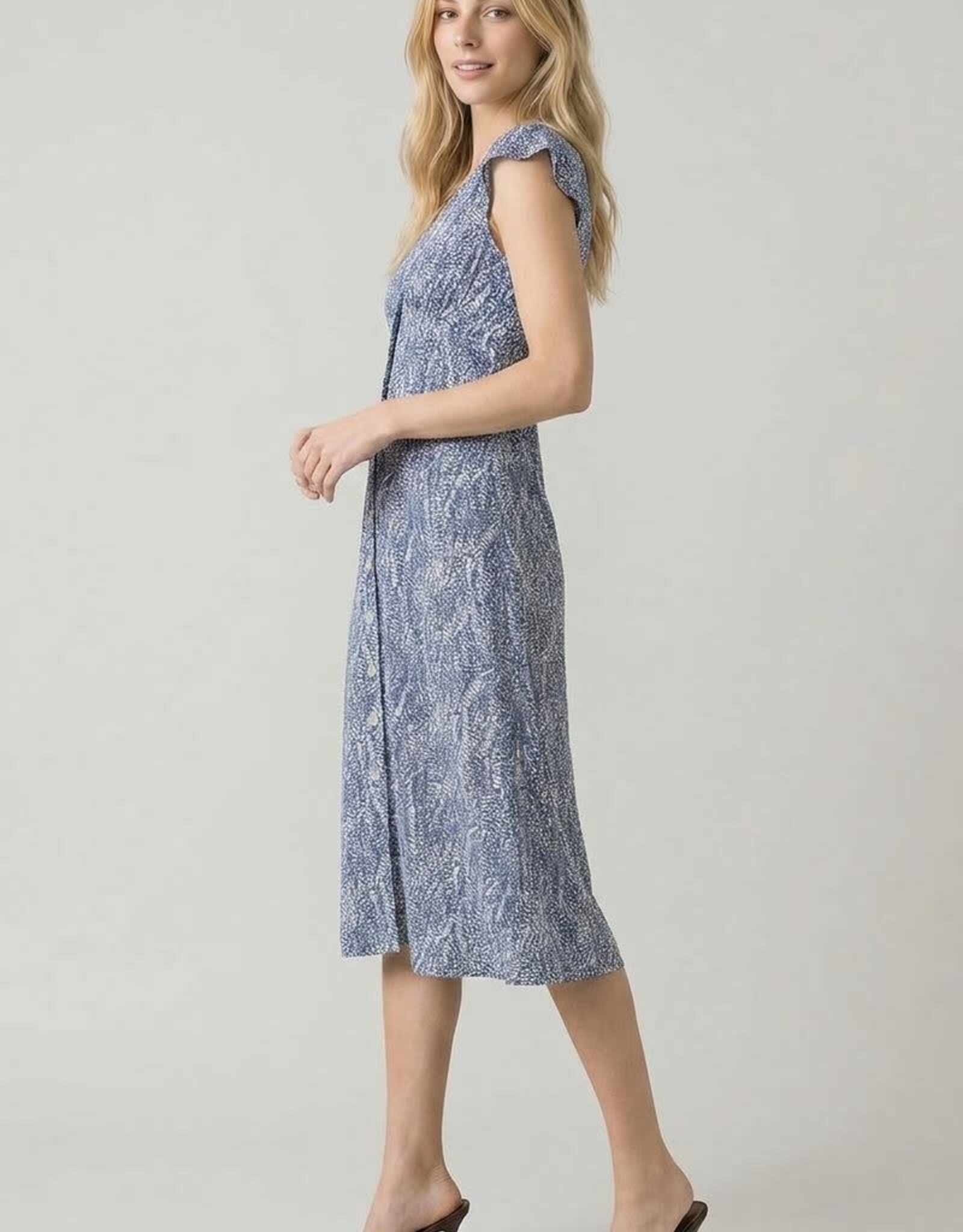 Miss Bliss Abstract Vneck Cap Slv Button-down Midi Dress-Deep Blue/Grey