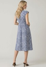 Miss Bliss Abstract Vneck Cap Slv Button-down Midi Dress-Deep Blue/Grey