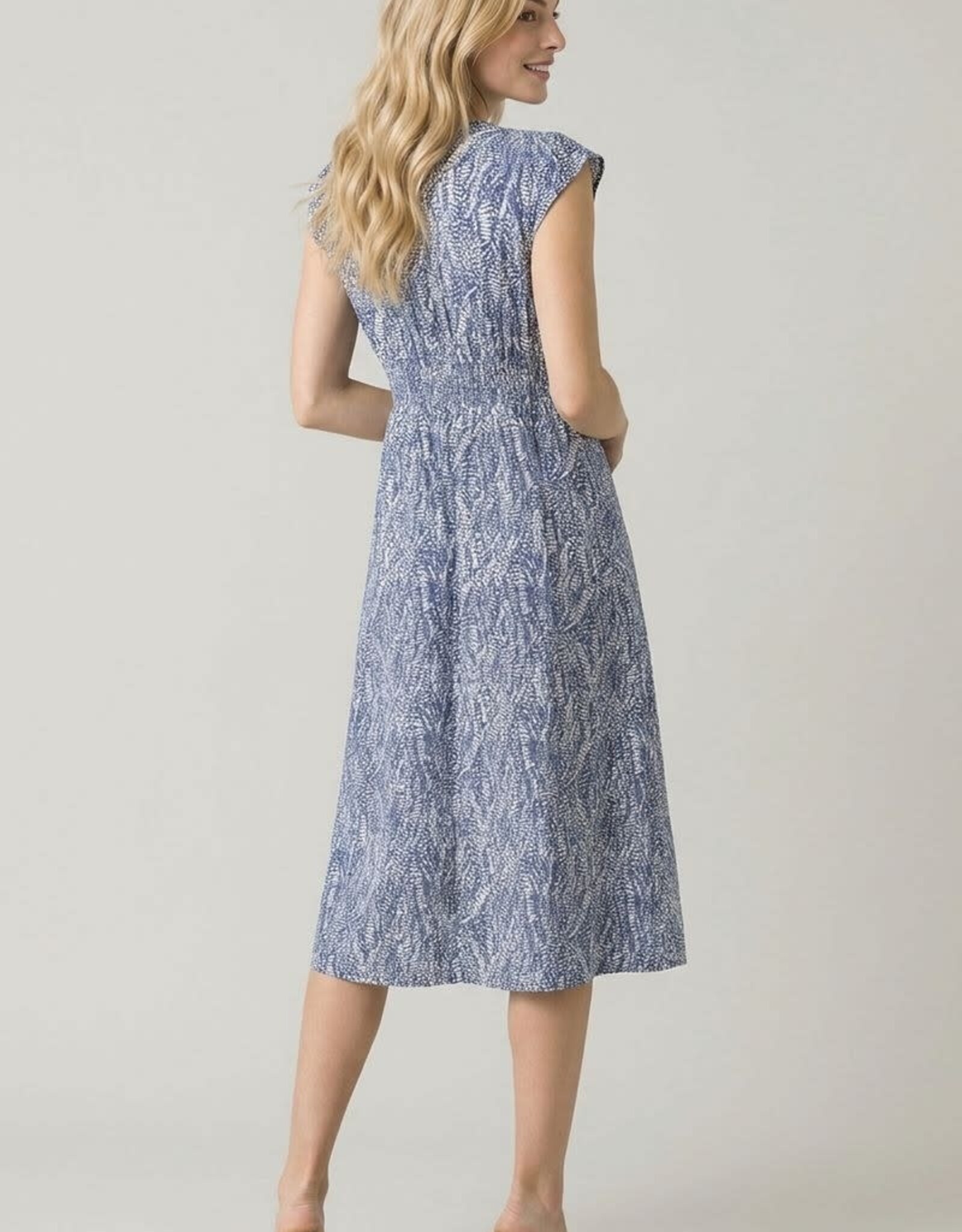 Miss Bliss Abstract Vneck Cap Slv Button-down Midi Dress-Deep Blue/Grey
