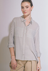 Miss Bliss LT Striped Roll Up Long Sleeve Button Down Shirt  Mocha