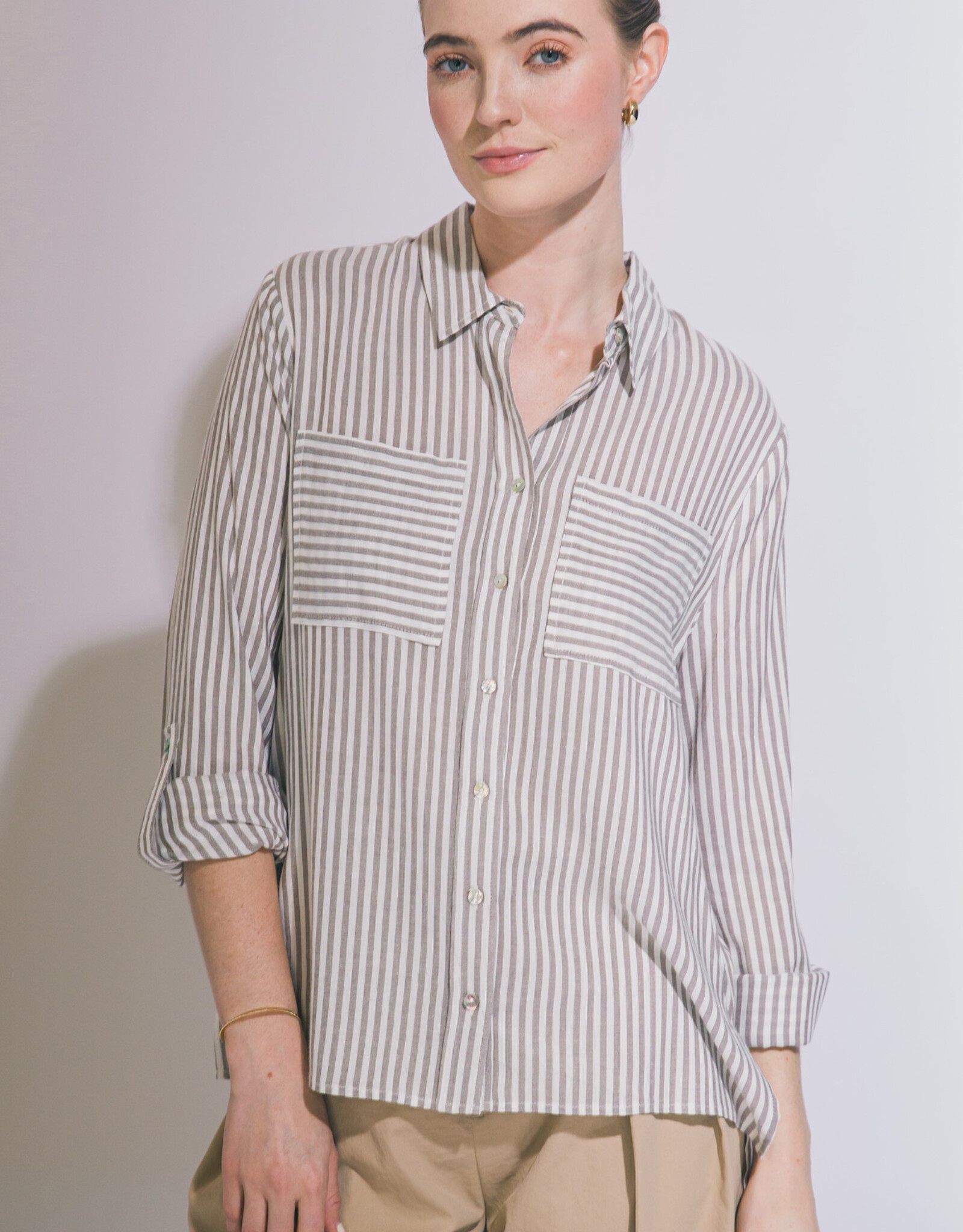 Miss Bliss LT Striped Roll Up Long Sleeve Button Down Shirt  Mocha