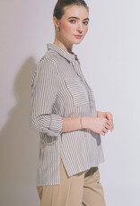 Miss Bliss LT Striped Roll Up Long Sleeve Button Down Shirt  Mocha