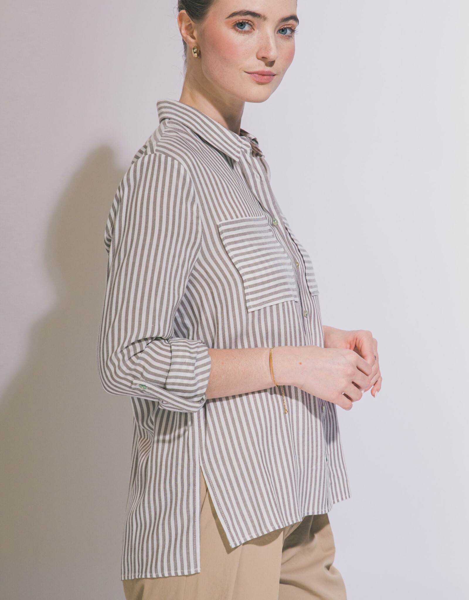 Miss Bliss LT Striped Roll Up Long Sleeve Button Down Shirt  Mocha
