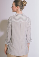Miss Bliss LT Striped Roll Up Long Sleeve Button Down Shirt  Mocha